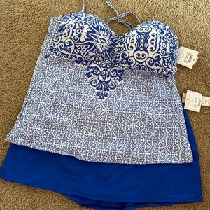 Liz Claiborne Blue and White Printed Tankini with Royal Blue Skirted Bottoms